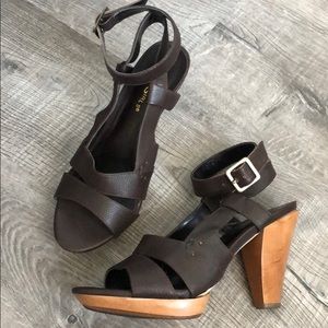 Dark brown wooden heel leather sandals